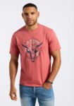 Tarz Men's Graphic T-Shirt with Bull Skull Motif. Miniral Red - BM24649